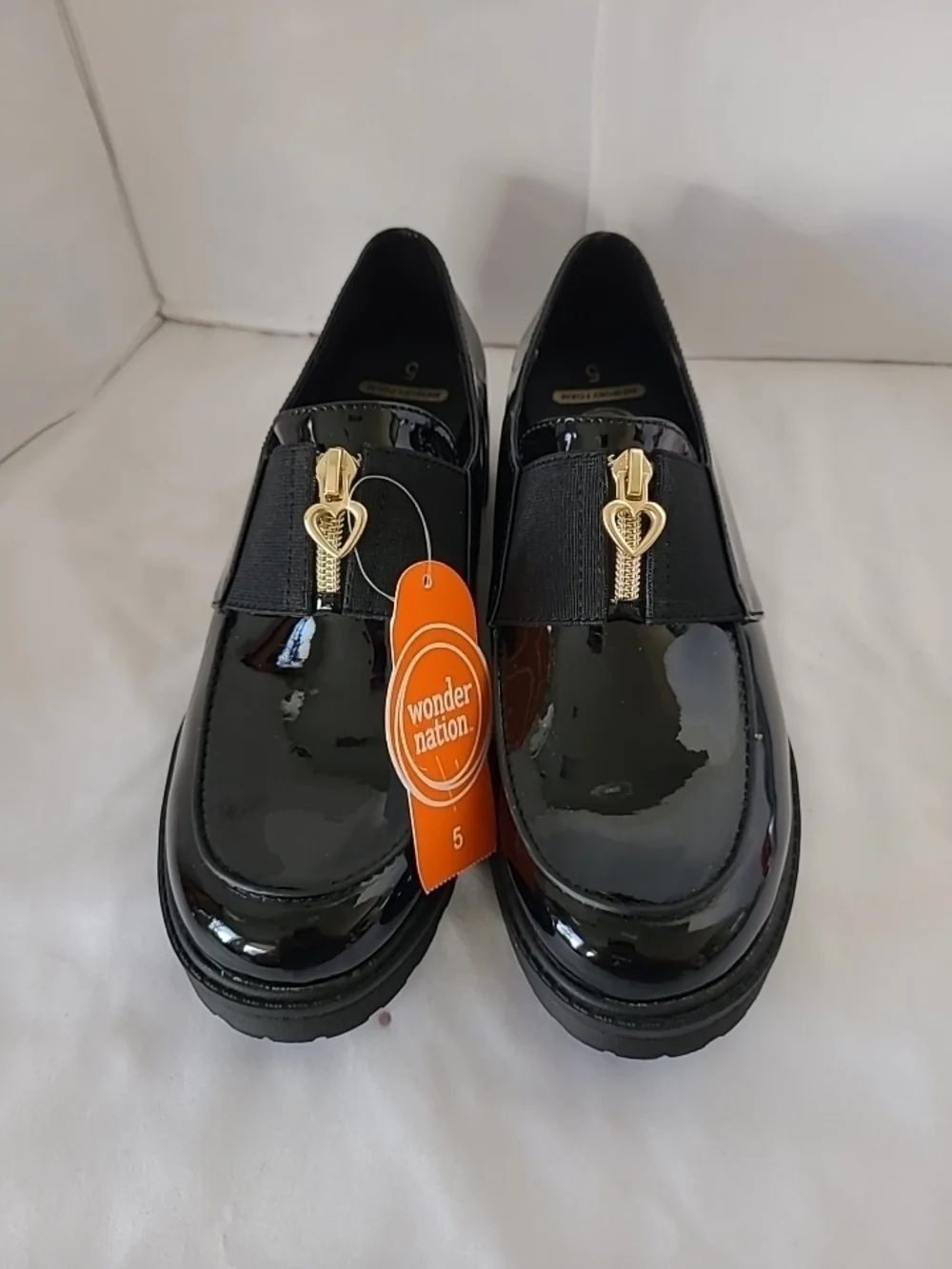 Wonder Nation Black Patent Loafers with Gold Heart Zippers